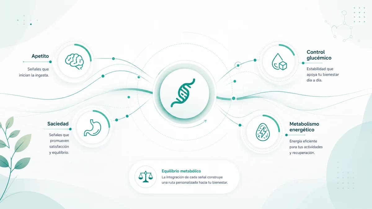 Ilustración abstracta de salud metabólica, apetito, saciedad y control glucémico